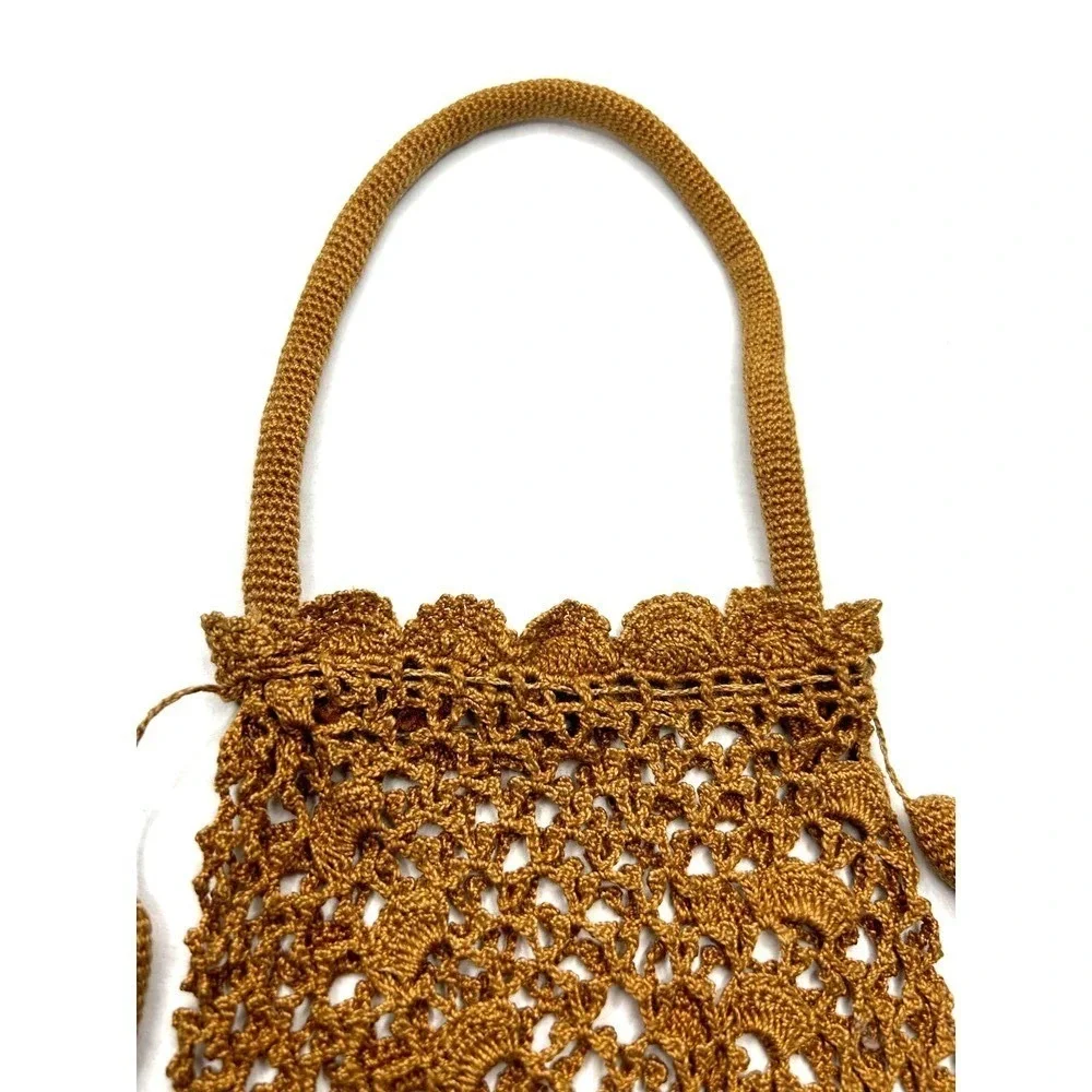Vintage Handmade Open Crochet Drawstring‎ Handbag Purse Bag Unlined